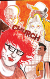 A stylized illustrated poster or print featuring multiple human figures in a collage-like composition with bold red, orange, yellow, black, and white tones. The word 'CHURCH' appears prominently across the center.