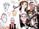 A split view of a hand-drawn portrait collage: the left side shows rough sketch notes and smaller face sketches, and the right side shows a larger illustrated collage including a woman, a bearded man, a man with glasses, and a close-up of a bearded man's face. The right side includes the text 'AUSTIN AIRPORT 1.